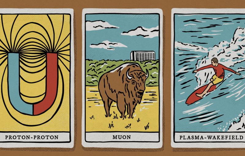 Illustration of three physics-related tarot cards, labeled Proton-Proton, Muon and Plasma-Wakefield