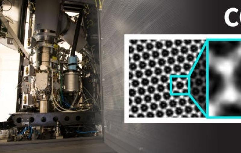 Images of cryo-EM equipment, CO2 molecule in cage 