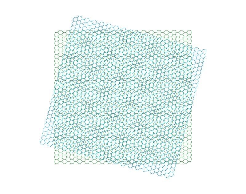 One hexagonal grid lies on top of a rectangular grid, creating a moire pattern
