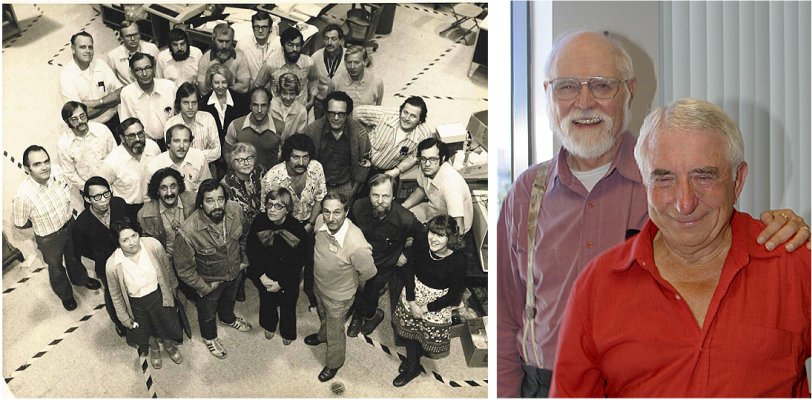 SSRL staff photo from 1977 (left) and the founding directors, William E. Spicer, Deputy Director and Sebastian Doniach, Director (right). 