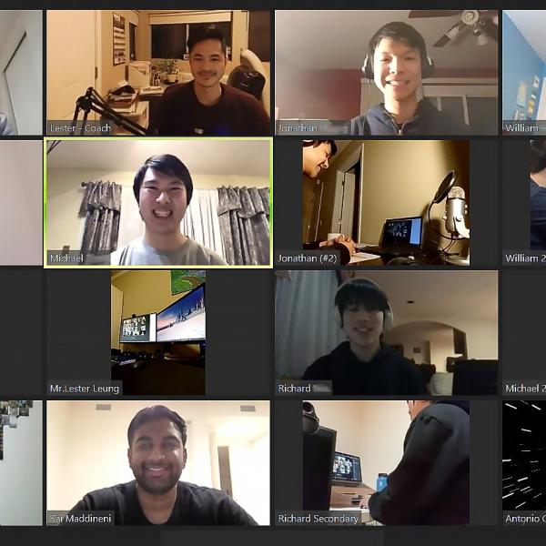 A screenshot of competitors and volunteers in a video conference call.