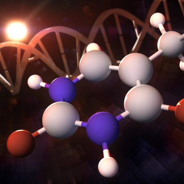 Illustration showing a thymine molecule, DNA helix and the sun.