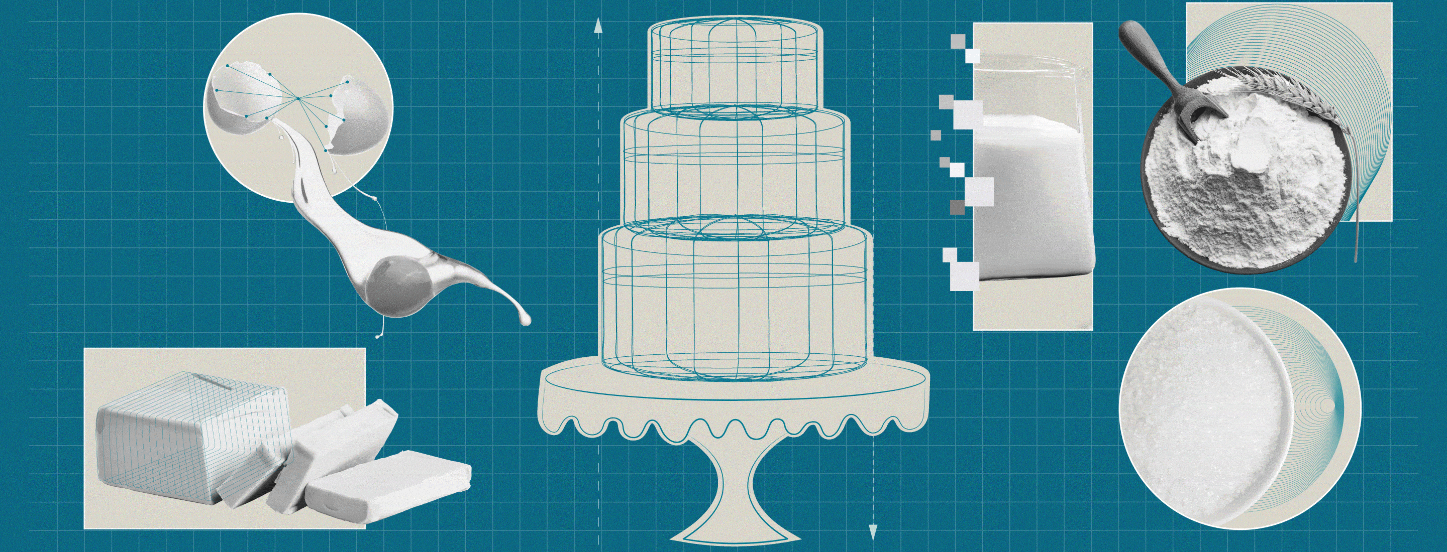 animation of a layered wedding cake and ingredients