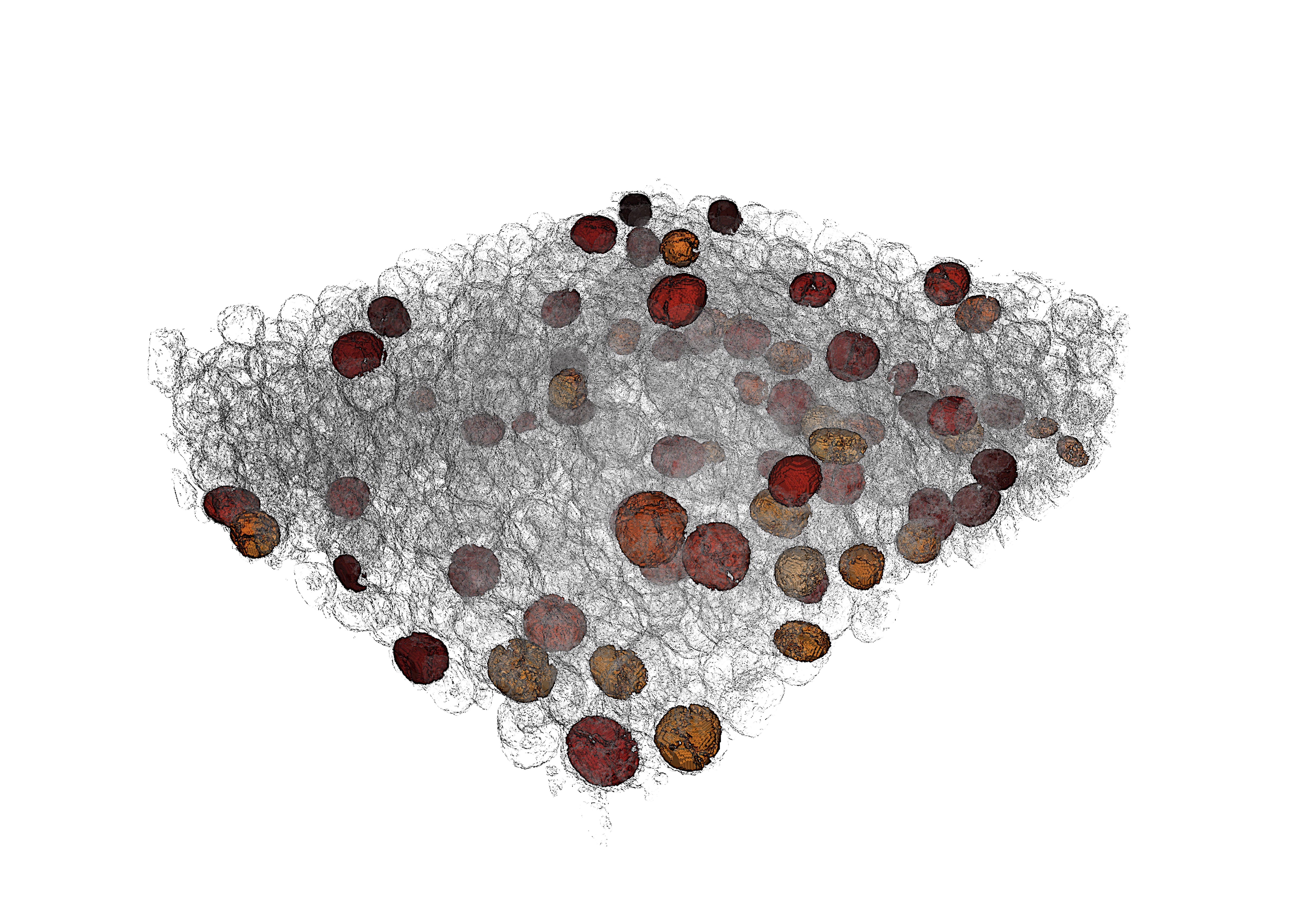 A group of particles, some highlighted in reds and oranges to show which have begun to break apart.