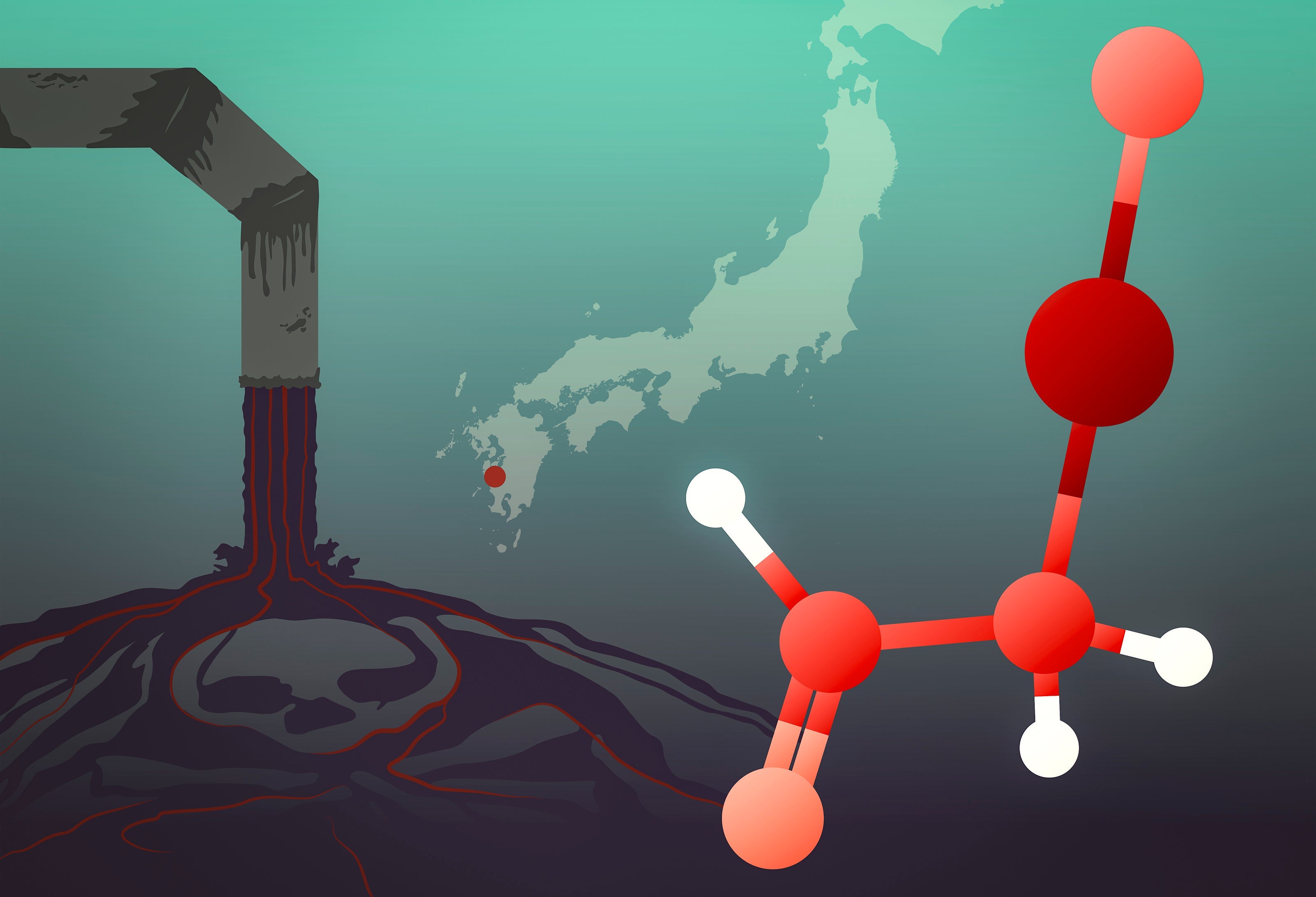 Illustration of toxic waste being dumped from a pipe, a molecule, and a map showing the location of Minamata, Japan.