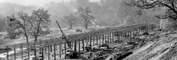Photo (black and white): first construction of the linear accelerator at SLAC