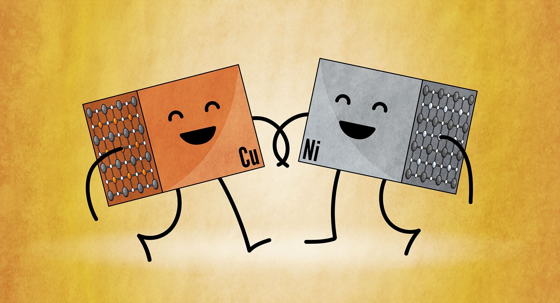 Illustration showing two superconducting materials, nickelate and cuprate, as cartoon characters with blocky heads holding hands, evidence of their close relationship.