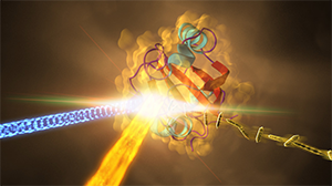 artist rendering of a protein and laser light