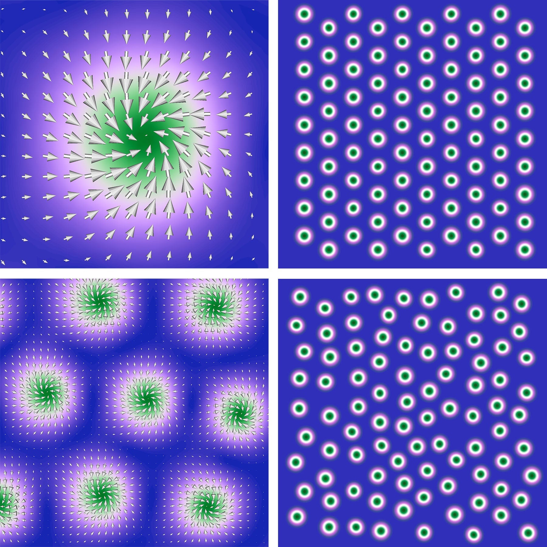 An illustration shows a single skyrmions, groups of skyrmions and two patterns they can arrange themselves in -- a hexagonal lattice and a disordered glass-like state 