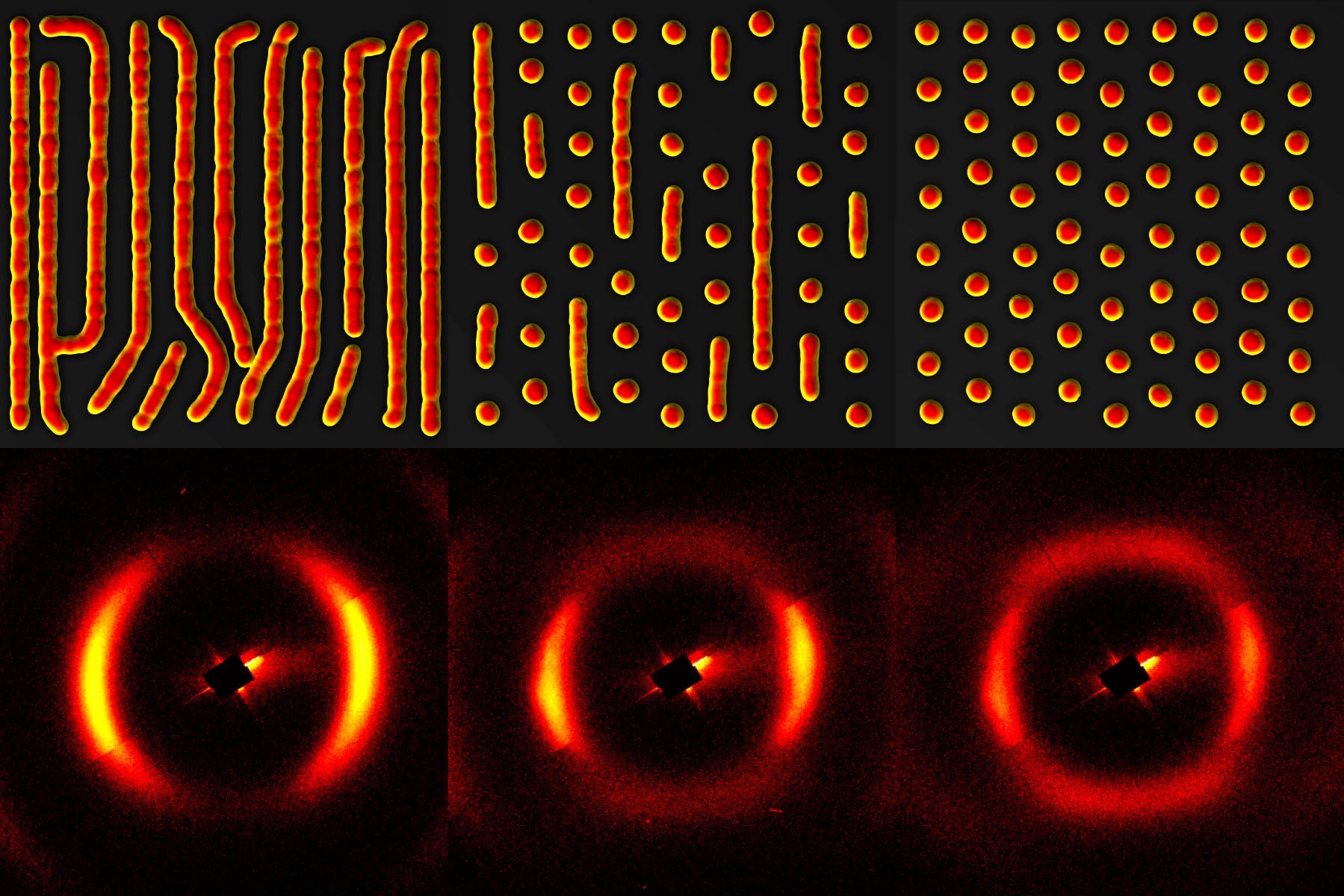Illustration shows three phases of matter -- skyrmions, spin stripes and a mixture of the two -- and images of the patterns these states make in a detector.