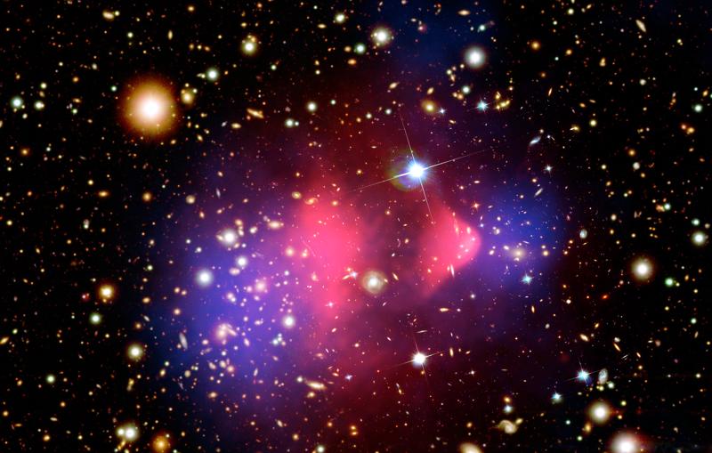 This composite image shows the galaxy cluster 1E 0657-56, also known as the "bullet cluster." 