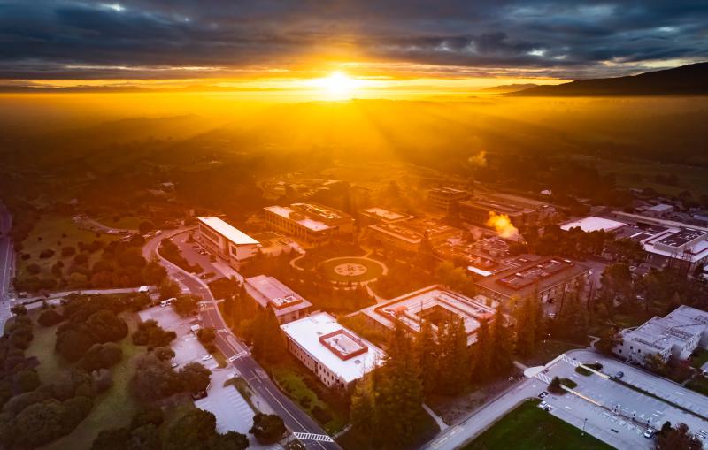 Drone view of SLAC's campus at sunrise