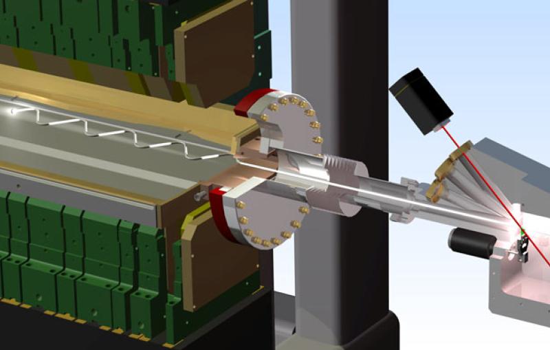 electro-optic crystal (green) placed next to the electron beam (white) in the linear accelerator