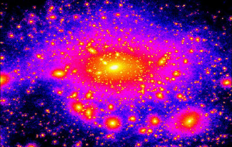 image from a supercomputer simulation shows as bright clumps the dark matter satellites