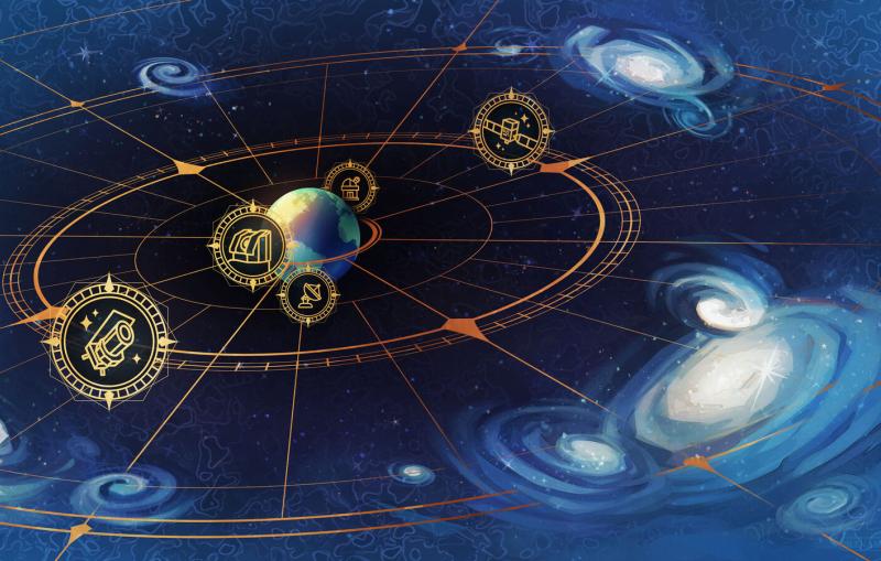 Illustration of Earth and galaxies with icons representing telescopes.