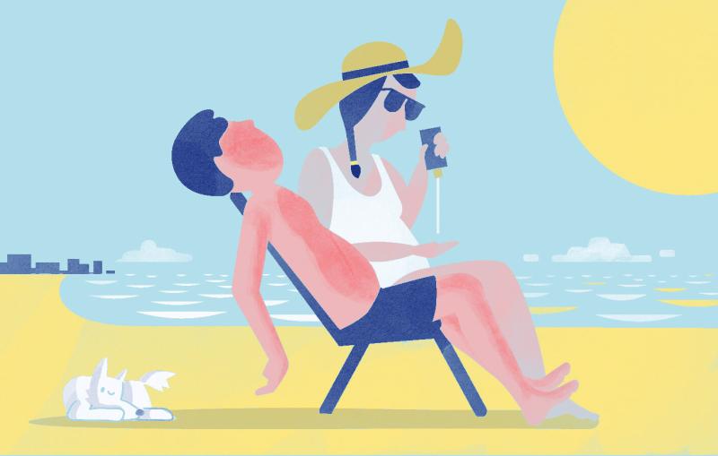 Illustration of a beach scene with a sunburned man