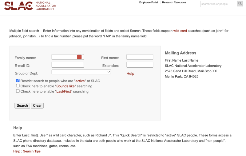 SLAC Directory home screen