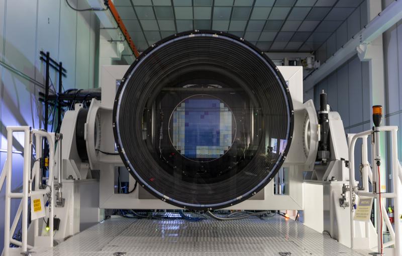 A front view of the completed LSST Camera, showing the 3,200-megapixel focal plane within