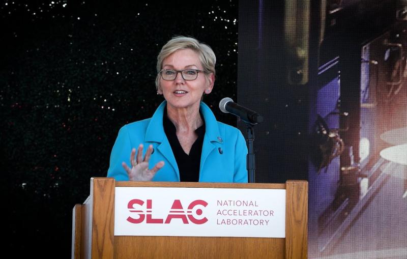 Secretary of Energy Jennifer M. Granholm delivering a speech at SLAC