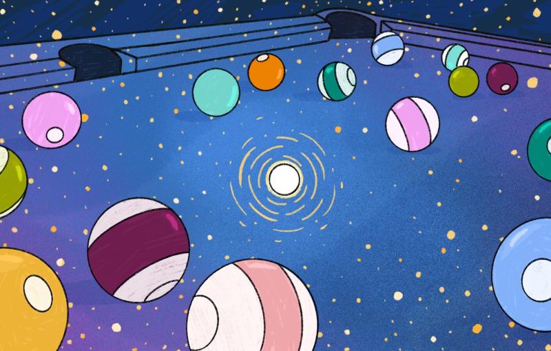 Illustration of billiard balls on a cosmic pool table