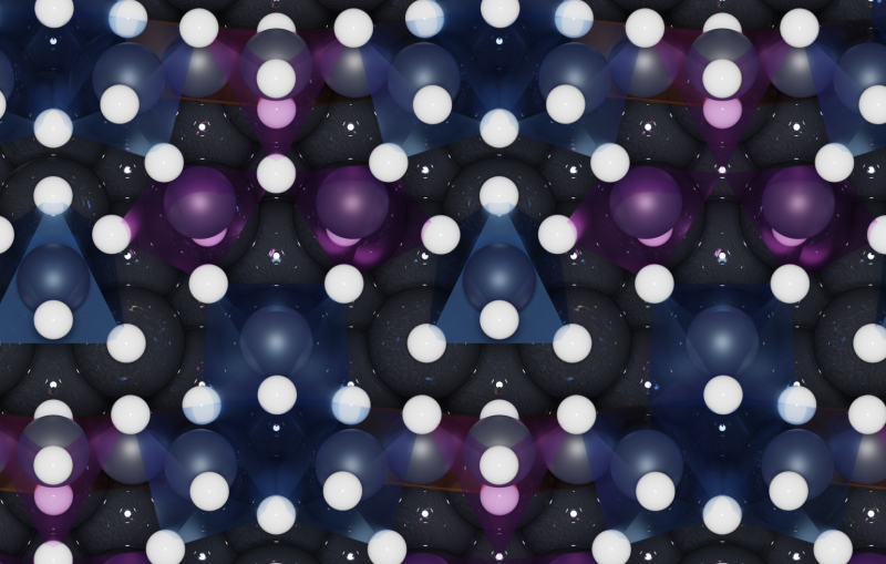 White dots on a black background, with additional purple and blue dots and purple triangles connecting them.