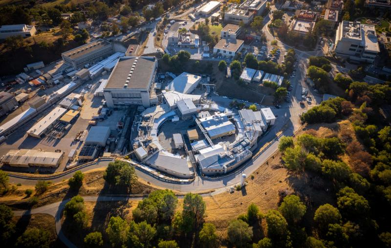 A view of SLAC’s Stanford Synchrotron Radiation Lightsource (SSRL), looking west at sunset.