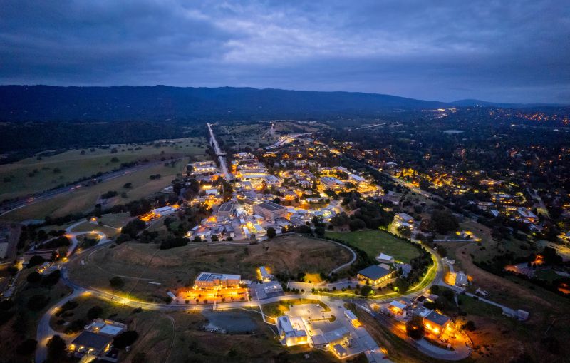 Aerial View of The Linac Coherent Light Source (LCLS) at SLAC at sunrise.