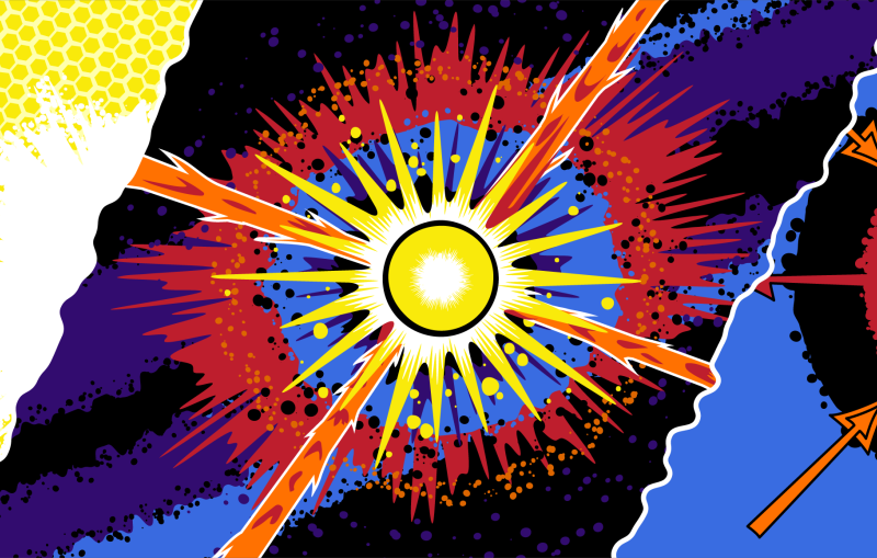 a graphic in the style of graphic novel depicts four lasers converging on a spherical target, which represents an inertial fusion energy reaction