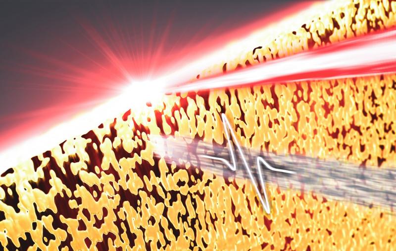 Illustration of a short laser pulse heating a sheet of aluminum, causing it to melt and break up into droplets.