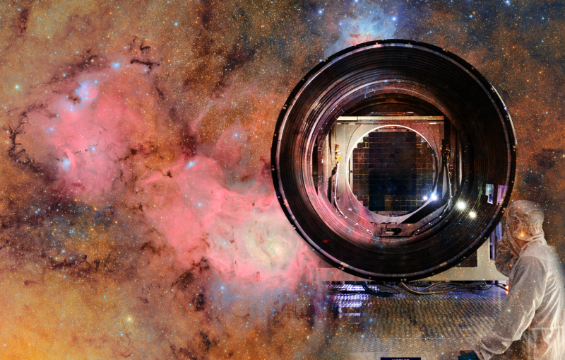  The background shows a compilation of the first images taken with the LSST Camera at Rubin Observatory. The overlay shows the LSST Camera in the cleanroom at SLAC before it was shipped to be installed into the NSF-DOE Vera C. Rubin Observatory.