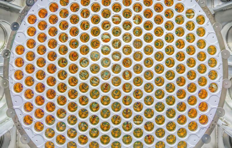 Overhead view looking down into a white structure with dozens of orange circular components arranged radially.