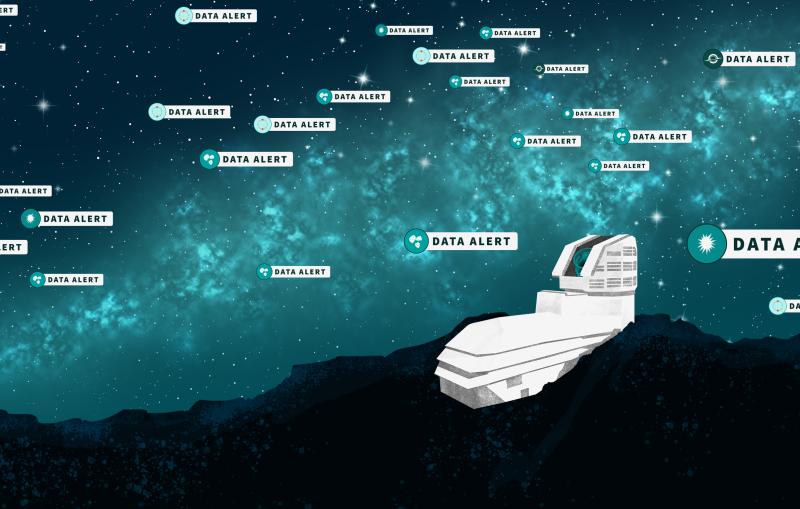 Star-filled teal night sky with turquoise glowing band, scattered “DATA ALERT” tags, and a white icon of the Rubin Observatory atop dark mountains.