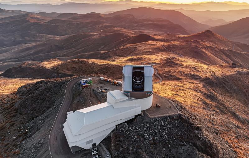 A drone photo of Rubin Observatory while taking pictures during the First Look observing campaign