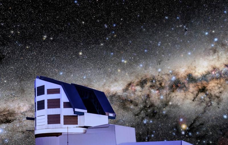 Rubin Observatory with the night sky and Milky Way in the background