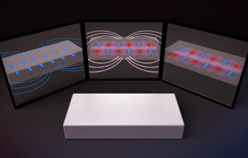 Three mirrors displaying colorful diagrams with arrows, lines, and circular patterns, positioned above a smooth white rectangular base on a dark background.