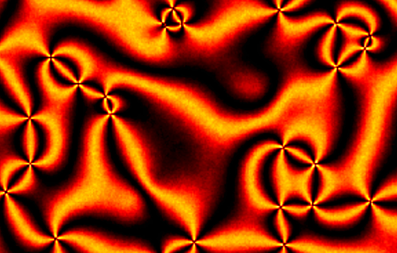 Black swirls and bar-like shapes against an orange background