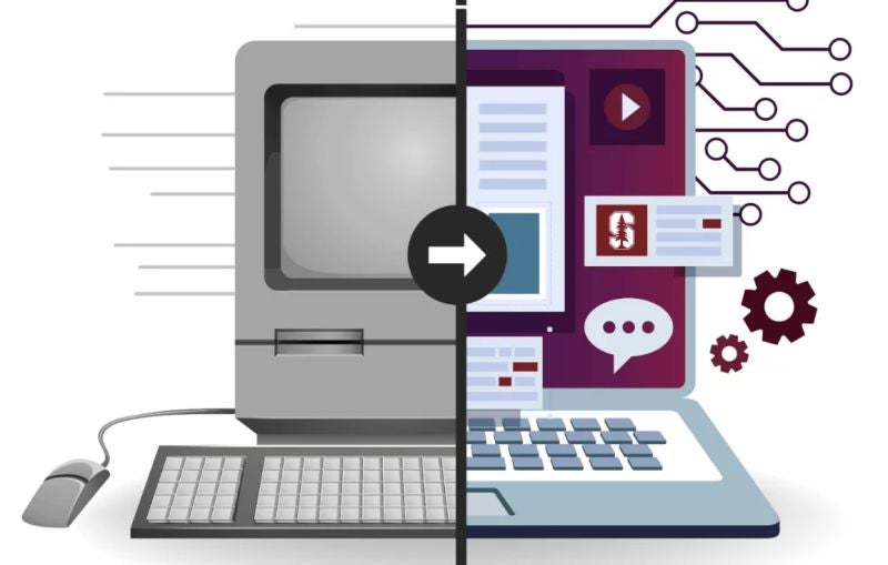 Illustration showing a split image with a greyscale computer, mouse and keyboard on the left and a laptop with color and icons and the Stanford logo on the right
