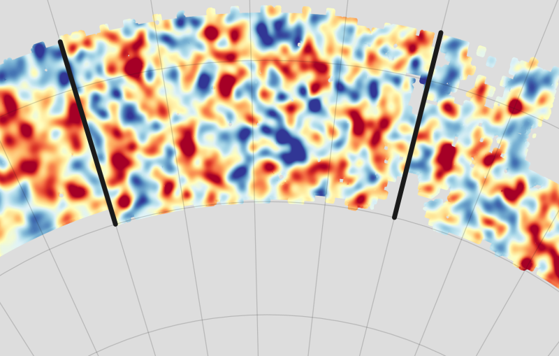 A map of the sky showing the density of galaxy clusters, galaxies and matter
