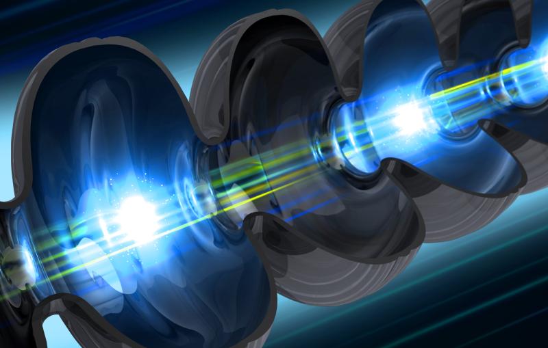 illustration of an electron beam traveling through a niobium cavity – a key component of SLAC’s future LCLS-II X-ray laser. 