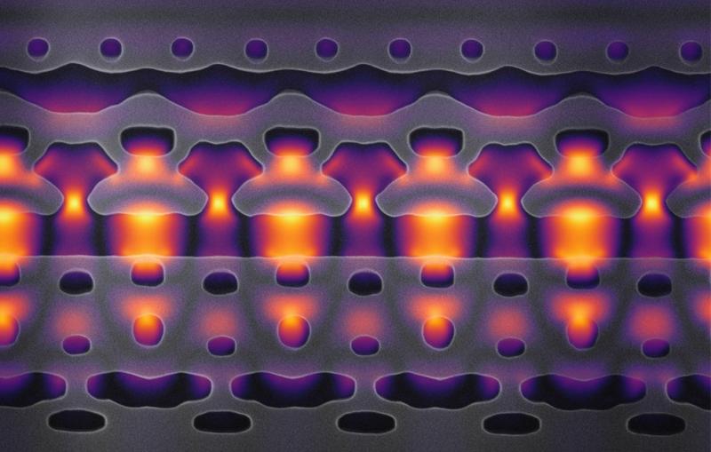 This image, magnified 25,000 times, shows a section of an accelerator-on-a-chip.