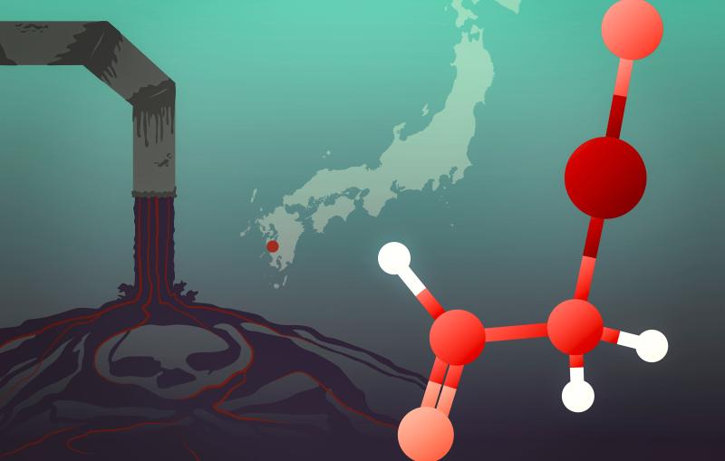 Illustration of toxic waste being dumped from a pipe, a molecule, and a map showing the location of Minamata, Japan.