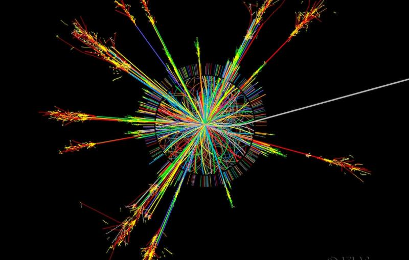 A rainbow burst depicting a simulated black hole event in ATLAS detector