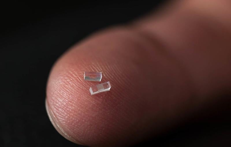 Photo of two accelerator chips on the tip of a finger