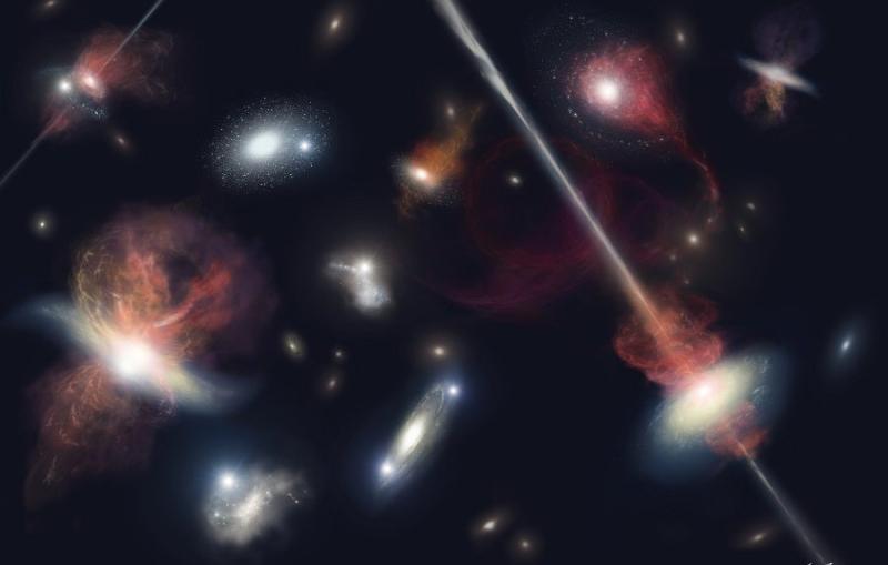 Image: Illustration of some markers of the universe's turbulent youth, such as supernova explosions and active galactic nuclei (Akihiro Ikeshita).