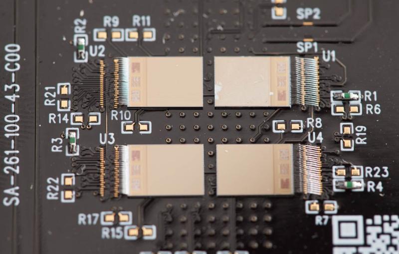 Four ePix100 prototype chips bonded in a test setup. (Brad Plummer/SLAC)