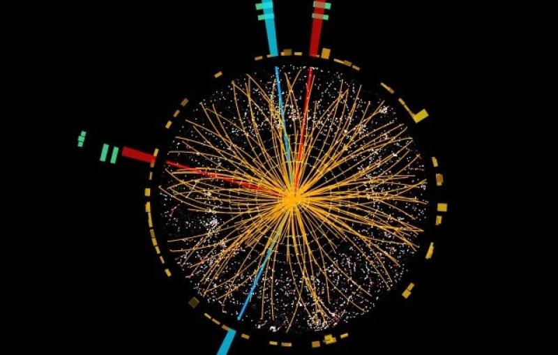 ATLAS event display of a Higgs to four electrons candidate event. (courtesy CERN)