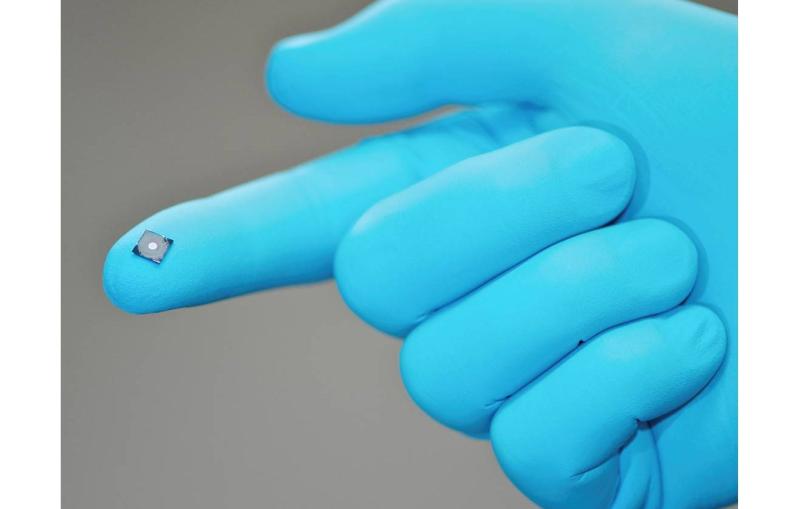 Photo - Diamond zone plate on the tip of a researcher's finger. The diamond zone plate fits on the tip of the researcher's finger