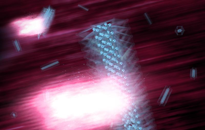 Image - In this illustration, intense X-rays produced at SLAC's Linac Coherent Light Source strike nanowires to study an ultrafast "breathing" response in the crystals induced quadrillionths of a second earlier by pulses of optical laser light.