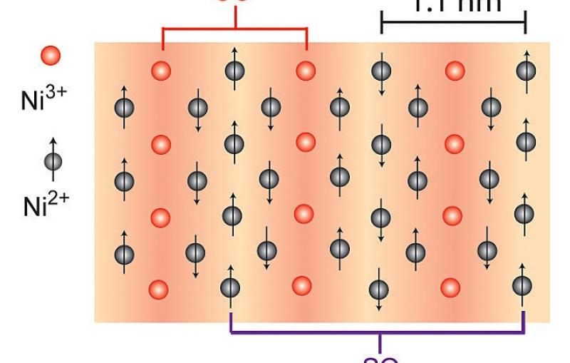 alternating stripes of charges and spins that self-organize in a particular nickel oxide at sufficiently low temperatures