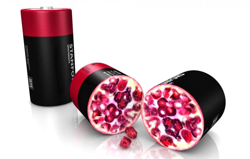 A fanciful illustration of pomegranate seeds inside a conventional battery